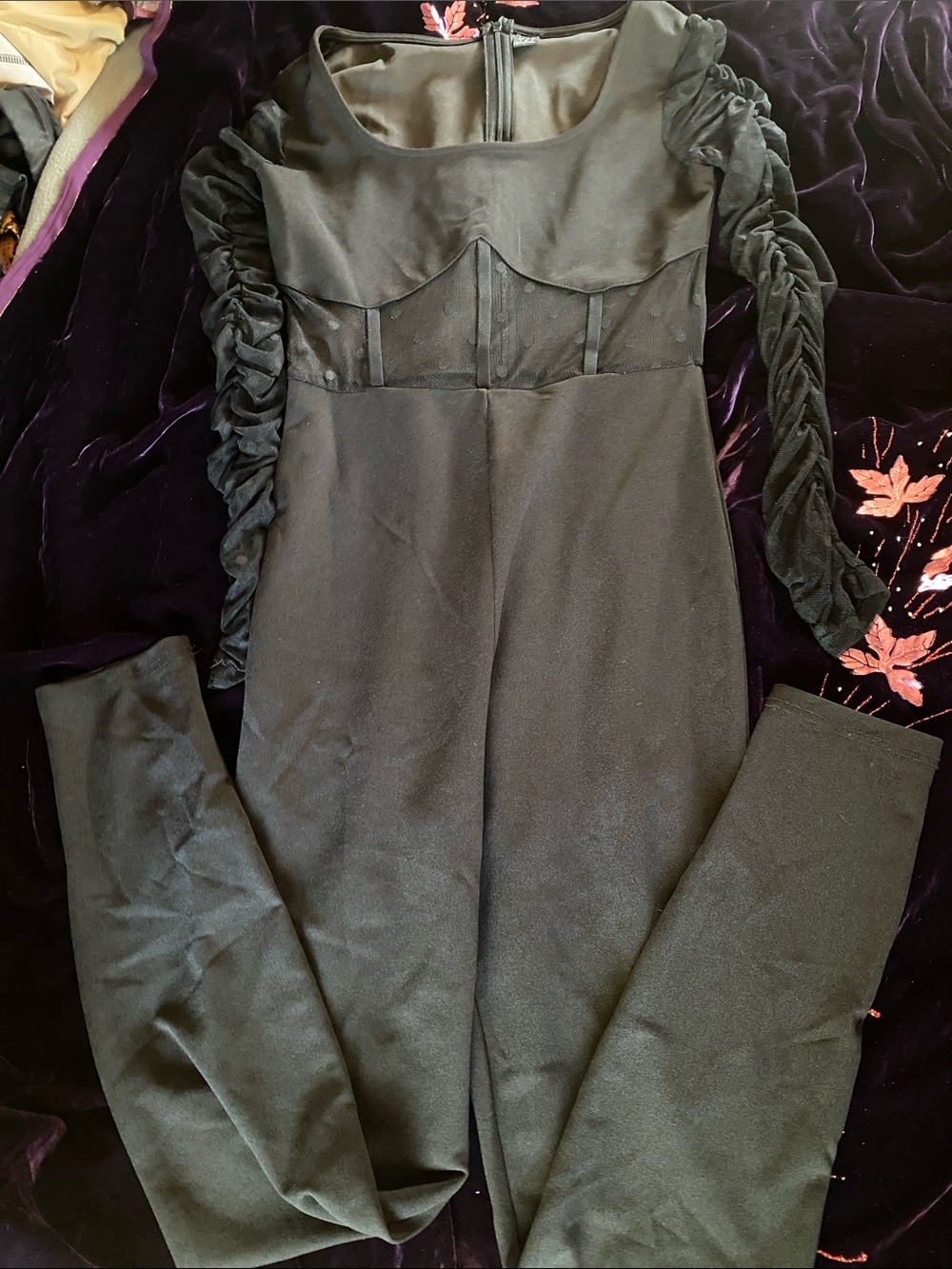 SHEIN Black Long-Sleeve Ruched-Sleeve Jumpsuit with Sheer Bust